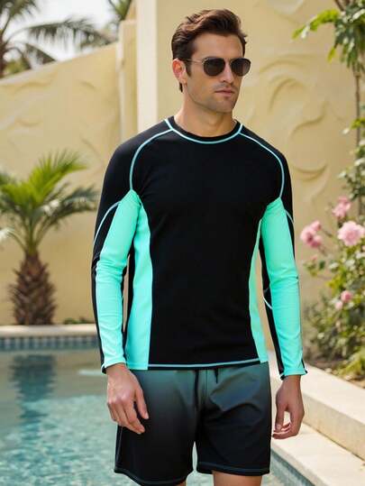Manfinity Swimmode مجموعة بدلة سباحة للرجال مكونة من قطعتين (ملابس علوية وشورت) بتصميم لوني متباين