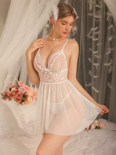 DelicateAllure مجموعة ثوب نوم نسائي من الدانتيل المثير 2 قطعة