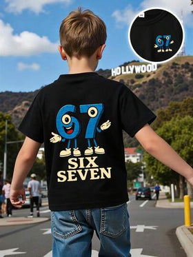 SHEIN GraphicGems تي شيرت قصير الأكمام بطبعة رقم "67" وحرف "SIX SEVEN" مضحك وأنيق، مناسب للارتداء في الخارج صيفًا