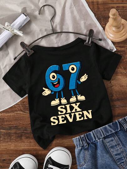 SHEIN GraphicGems تي شيرت قصير الأكمام بطبعة رقم "67" وحرف "SIX SEVEN" مضحك وأنيق، مناسب للارتداء في الخارج صيفًا