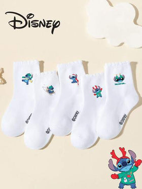 Disney 1/5/10 زوج جوارب رياضية/كاحل للأطفال بيضاء للربيع/الصيف، مزينة بنقشات كرتونية لقبعة سانتا/كرة ثلج/زلاجة التزلج، تشطيب بالدانتيل ناعمة ومنفذة للهواء ومانعة للرطوبة للكاحل، مناسبة للأنشطة الخارجية والحفلات والعطلات والعودة إلى المدرسة، متوفرة بعبوات