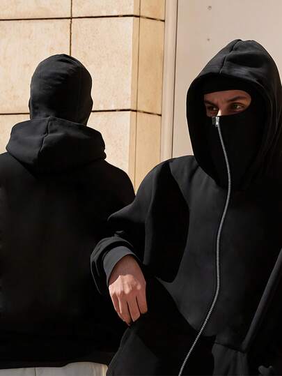 هودي أسود مزدوج الكابوت مع سحاب، تصميم سحاب، طراز ملابس الشارع، متعدد الاستخدامات كاجوال، بارد ومريح، مناسب لملابس الرجال في فصلي الخريف والشتاء، ملابس خارجية، حفلات، أنشطة خارجية، بلوزة رياضية مع سحاب