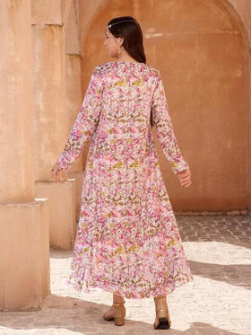 SHEIN رمضان فستان بطبعة إثنية مع ياقة على شكل V مزينة بالخرز، مقترن مع وشاح شيفون خفيف، أنيق ومريح، مناسب للرمضان، العباءة، الجلابية، الملابس العربية التقليدية