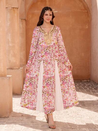 SHEIN رمضان فستان بطبعة إثنية مع ياقة على شكل V مزينة بالخرز، مقترن مع وشاح شيفون خفيف، أنيق ومريح، مناسب للرمضان، العباءة، الجلابية، الملابس العربية التقليدية