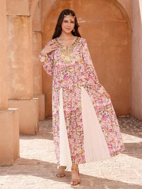 SHEIN رمضان فستان بطبعة إثنية مع ياقة على شكل V مزينة بالخرز، مقترن مع وشاح شيفون خفيف، أنيق ومريح، مناسب للرمضان، العباءة، الجلابية، الملابس العربية التقليدية