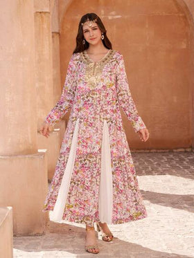 SHEIN رمضان فستان بطبعة إثنية مع ياقة على شكل V مزينة بالخرز، مقترن مع وشاح شيفون خفيف، أنيق ومريح، مناسب للرمضان، العباءة، الجلابية، الملابس العربية التقليدية