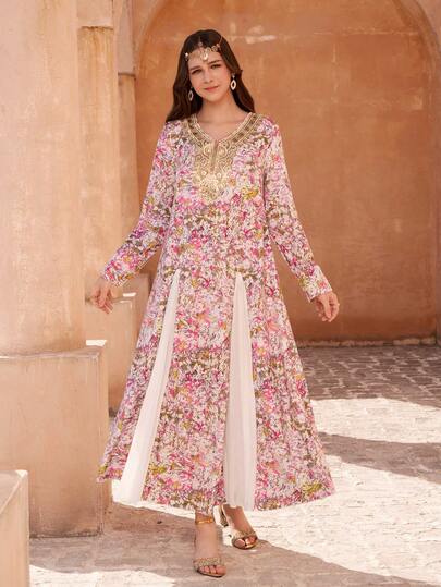 SHEIN رمضان فستان بطبعة إثنية مع ياقة على شكل V مزينة بالخرز، مقترن مع وشاح شيفون خفيف، أنيق ومريح، مناسب للرمضان، العباءة، الجلابية، الملابس العربية التقليدية