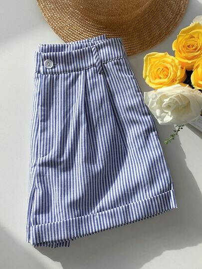 Comfortcana شورت نسائي فضفاض كاجوال مخطط متجعد بحاشية منطبقة