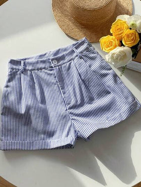 Comfortcana شورت نسائي فضفاض كاجوال مخطط متجعد بحاشية منطبقة