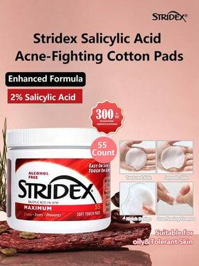 Stridex 55 قطعة من وسادات القطن المنظفة بحمض السالسيليك، تقشير لطيف، مسيطر على الزيوت، مكبر للمسام، تنظيف، تصغير المسام وتفتيح البشرة