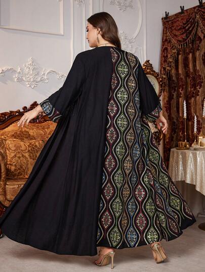 Al Najma رمضان عباءة عربية فضفاضة أنيقة ذات تطريز ملون فاخرة لحجم كبير للنساء