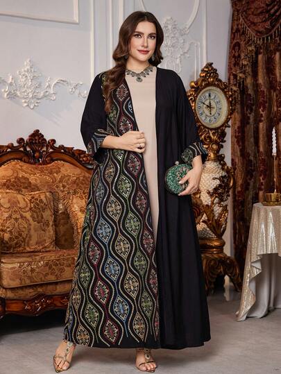 Al Najma رمضان عباءة عربية فضفاضة أنيقة ذات تطريز ملون فاخرة لحجم كبير للنساء