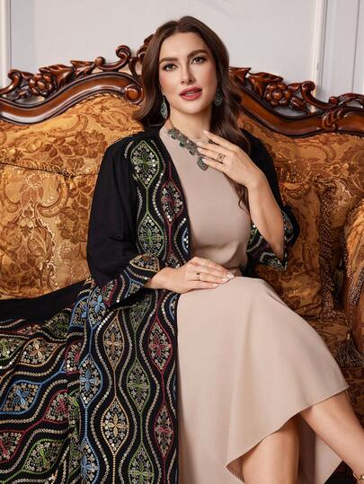 Al Najma رمضان عباءة عربية فضفاضة أنيقة ذات تطريز ملون فاخرة لحجم كبير للنساء