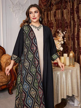 Al Najma رمضان عباءة عربية فضفاضة أنيقة ذات تطريز ملون فاخرة لحجم كبير للنساء