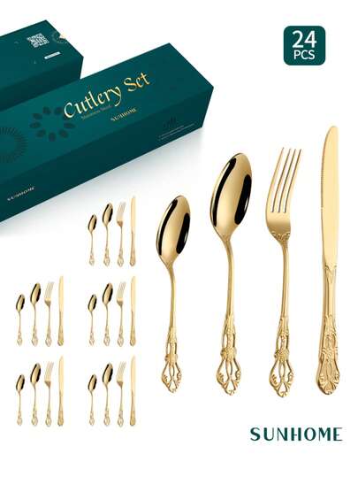 Cirelle طقم أدوات مائدة من الفولاذ المقاوم للصدأ 24 قطعة - أدوات تقديم لل- 6 أشخاص، تشمل السكاكين والشوك والملاعق، هدية عصرية لتهنئة الاستقرار في منزل جديد
