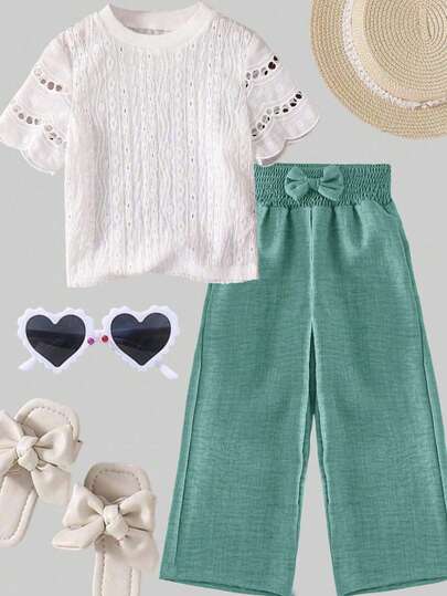 SHEIN Elladie kids بنطلون فضفاض بخصر مطوي مزين بفيونكة 3D جميلة للفتيات الصغيرات