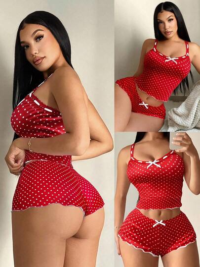 SHEIN SXY مجموعة بيجامة كاجوال للنساء بنقشة نقاط، قميص كامي + شورت قطعتان