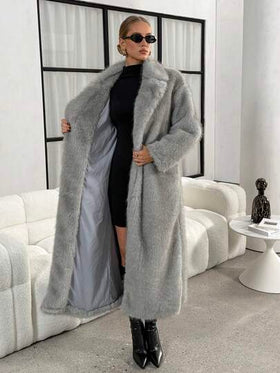 Lavishia معطف نسائي أكمام طويلة من الفرو الاصطناعي بلون أحادي، بسيط، للارتداء اليومي
