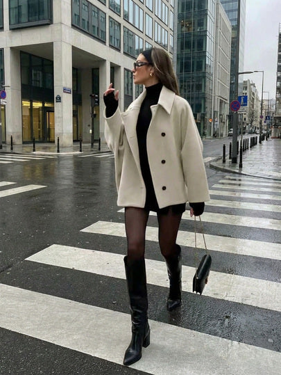 Buzzelle معطف نسائي أنيق من خليط الصوف اللون البيج، تصميم بسيط مع أزرار أمامية للشتاء