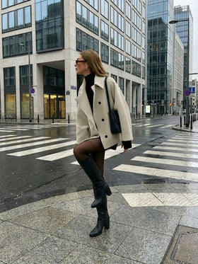 Buzzelle معطف نسائي أنيق من خليط الصوف اللون البيج، تصميم بسيط مع أزرار أمامية للشتاء