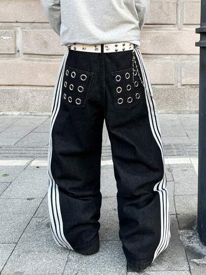 1 قطعة جينز بقصة واسعة وفضفاضة على الطراز الأمريكي القديم مع جيب خلفي، بنطال كاجوال مريح للشارع الرئيسي للرجال (لا يشمل الحزام والاكسسوارات)