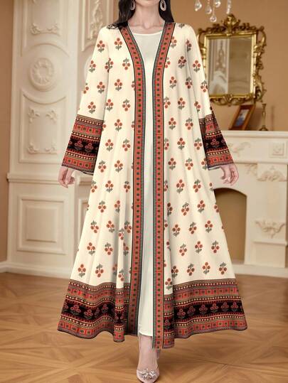 SHEIN Najma عبايات كارديجان نسائي كاجوال بأكمام طويلة مطبوع بطبعة الباييت والهندسية الرقمية، للربيع والخريف