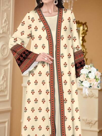 SHEIN Najma عبايات كارديجان نسائي كاجوال بأكمام طويلة مطبوع بطبعة الباييت والهندسية الرقمية، للربيع والخريف