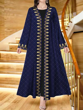 SHEIN Najma رمضان عباية عربية كاجوال بأكمام طويلة وطباعة تاج ذهبي أنيقة، مناسبة للربيع والخريف