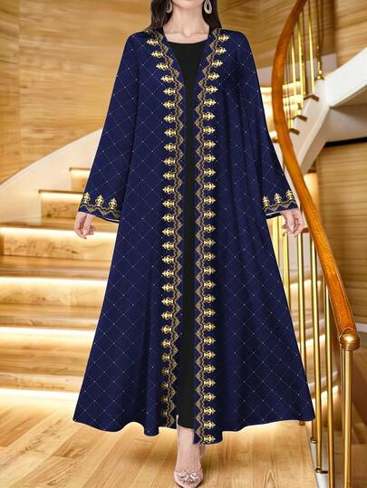 SHEIN Najma رمضان عباية عربية كاجوال بأكمام طويلة وطباعة تاج ذهبي أنيقة، مناسبة للربيع والخريف