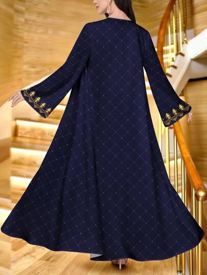 SHEIN Najma رمضان عباية عربية كاجوال بأكمام طويلة وطباعة تاج ذهبي أنيقة، مناسبة للربيع والخريف