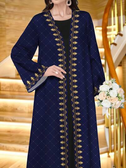 SHEIN Najma رمضان عباية عربية كاجوال بأكمام طويلة وطباعة تاج ذهبي أنيقة، مناسبة للربيع والخريف