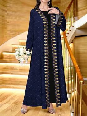 SHEIN Najma رمضان عباية عربية كاجوال بأكمام طويلة وطباعة تاج ذهبي أنيقة، مناسبة للربيع والخريف