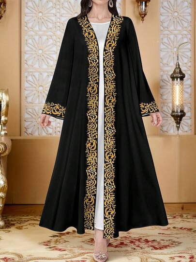 SHEIN Najma رمضان كارديجان نسائي بطبعات فنية مطرزة وطباعة رقمية، أكمام طويلة وأمام مفتوح، مناسب للربيع والخريف، بأسلوب العباءة العربية