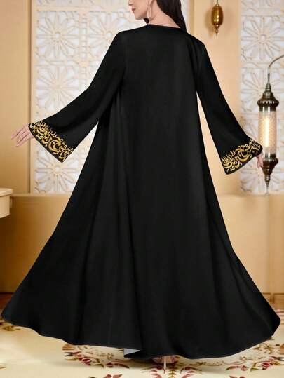 SHEIN Najma رمضان كارديجان نسائي بطبعات فنية مطرزة وطباعة رقمية، أكمام طويلة وأمام مفتوح، مناسب للربيع والخريف، بأسلوب العباءة العربية