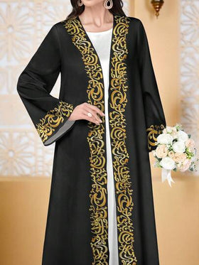 SHEIN Najma رمضان كارديجان نسائي بطبعات فنية مطرزة وطباعة رقمية، أكمام طويلة وأمام مفتوح، مناسب للربيع والخريف، بأسلوب العباءة العربية