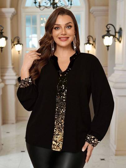 EMERY ROSE ملابس علوية نسائية كبيرة الحجم بطبعة لامعة وياقة مفتوحة وأكمام طويلة، ملابس علوية سوداء أنيقة، ملابس علوية نسائية أنيقة، لحفلة رأس السنة الجديدة، ملابس علوية أنيقة لحفلة العيد، أسلوب نسائي لرأس السنة الجديدة، حفلة عيد الميلاد