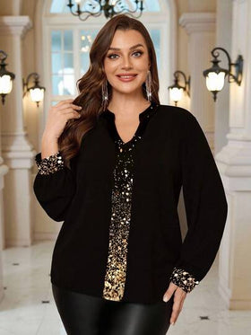 EMERY ROSE ملابس علوية نسائية كبيرة الحجم بطبعة لامعة وياقة مفتوحة وأكمام طويلة، ملابس علوية سوداء أنيقة، ملابس علوية نسائية أنيقة، لحفلة رأس السنة الجديدة، ملابس علوية أنيقة لحفلة العيد، أسلوب نسائي لرأس السنة الجديدة، حفلة عيد الميلاد