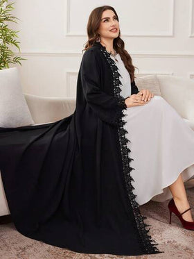 Al Najma رمضان عباءة كاجوال بأكمام طويلة مع تطريز دانتيل مناسبة للمقاسات الكبيرة، مناسبة للارتداء اليومي في الربيع والخريف