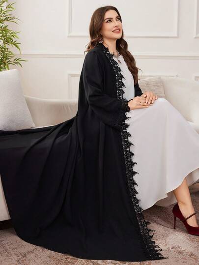 Al Najma رمضان عباءة كاجوال بأكمام طويلة مع تطريز دانتيل مناسبة للمقاسات الكبيرة، مناسبة للارتداء اليومي في الربيع والخريف
