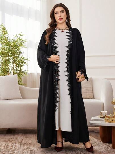 Al Najma رمضان عباءة كاجوال بأكمام طويلة مع تطريز دانتيل مناسبة للمقاسات الكبيرة، مناسبة للارتداء اليومي في الربيع والخريف