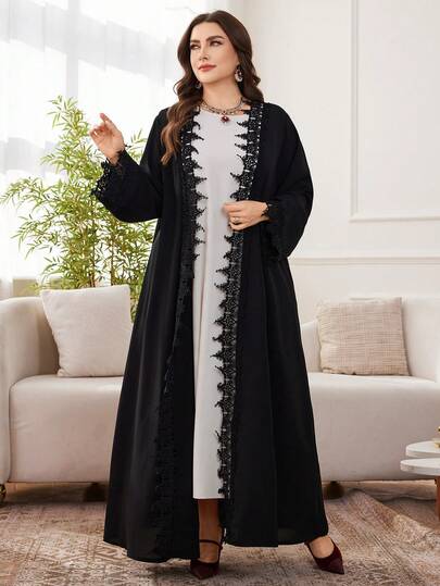 Al Najma رمضان عباءة كاجوال بأكمام طويلة مع تطريز دانتيل مناسبة للمقاسات الكبيرة، مناسبة للارتداء اليومي في الربيع والخريف