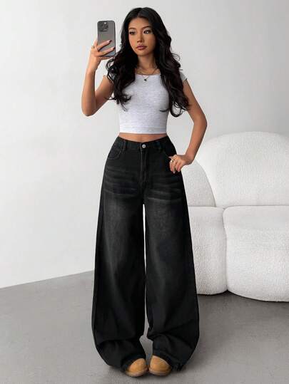 SHEIN جينز فضفاض بارتفاع خصر منخفض، بتصميم غسيل رمادي كلاسيكي، بجيوب مائلة، ملابس عادية بساق واسع للفتيات، ملابس الشارع