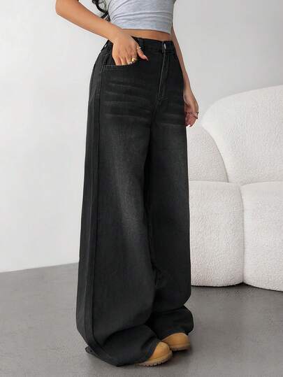SHEIN جينز فضفاض بارتفاع خصر منخفض، بتصميم غسيل رمادي كلاسيكي، بجيوب مائلة، ملابس عادية بساق واسع للفتيات، ملابس الشارع