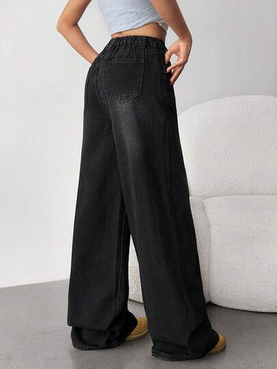 SHEIN جينز فضفاض بارتفاع خصر منخفض، بتصميم غسيل رمادي كلاسيكي، بجيوب مائلة، ملابس عادية بساق واسع للفتيات، ملابس الشارع