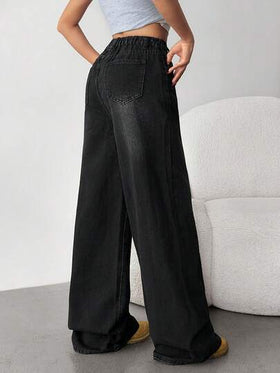 SHEIN جينز فضفاض بارتفاع خصر منخفض، بتصميم غسيل رمادي كلاسيكي، بجيوب مائلة، ملابس عادية بساق واسع للفتيات، ملابس الشارع