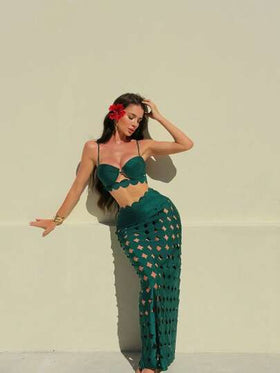 Swim Oasis مجموعة 3 قطع/طقم بلايات بحرية صيفية جديدة للنساء، بيكيني بلون أحادي مشدود وجمع للكتف, سرواله عالي الخصر، فستان طويل مفرغ مطرز للشاطئ، طقم ملابس سباحة عصرية للعطلات