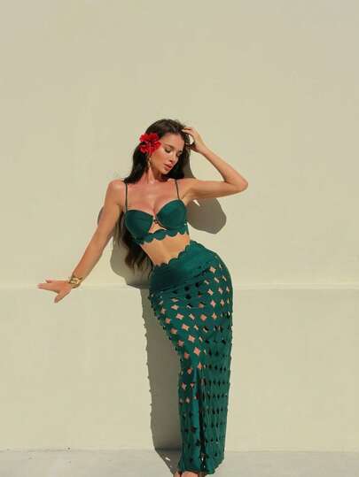 Swim Oasis مجموعة 3 قطع/طقم بلايات بحرية صيفية جديدة للنساء، بيكيني بلون أحادي مشدود وجمع للكتف, سرواله عالي الخصر، فستان طويل مفرغ مطرز للشاطئ، طقم ملابس سباحة عصرية للعطلات