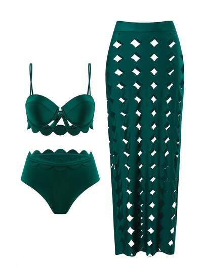 Swim Oasis مجموعة 3 قطع/طقم بلايات بحرية صيفية جديدة للنساء، بيكيني بلون أحادي مشدود وجمع للكتف, سرواله عالي الخصر، فستان طويل مفرغ مطرز للشاطئ، طقم ملابس سباحة عصرية للعطلات