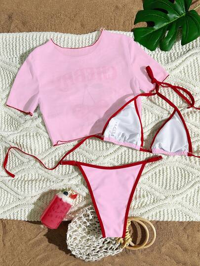 Swim Mod ملابس شاطئ صيفية للنساء: بدلة سيدات للتزلج على الأمواج مكونة من ثلاث قطع مع أشرطة كتف مطبوعة بحرف الكرز وبيكيني بفتحة بين الفخذين، مع تغطية من تي شيرت شبكي قصير الأكمام وملابس سباحة مصنوعة من الصوف.