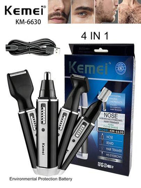 Kemei ماكينة كهربائية 4 في 1 من ماركة كيمي KM-6630 لتنظيف الأنف والأذن للرجال، مجموعة تنظيف وتشذيب، قابلة للشحن عبر USB، لتشذيب اللحية والشعر الجانبي، مجموعة العناية بالوجه للرجال، ماكينة حلاقة وإزالة الشعر، مجموعة ماكينة حلاقة محمولة، ماكينة تشذيب الشعر
